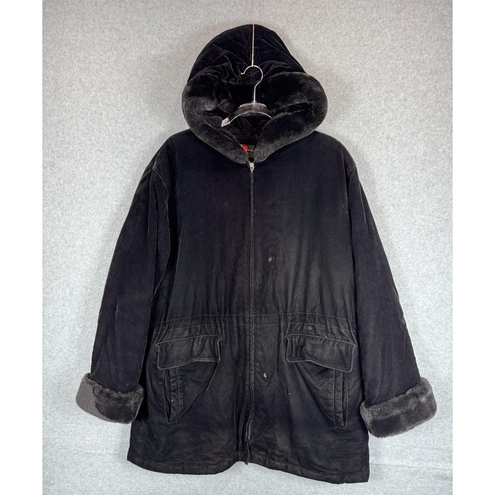 Gallery Coat Womens Large Black Faux‎ Fur Hooded Full Zip Winter Parka Jacket